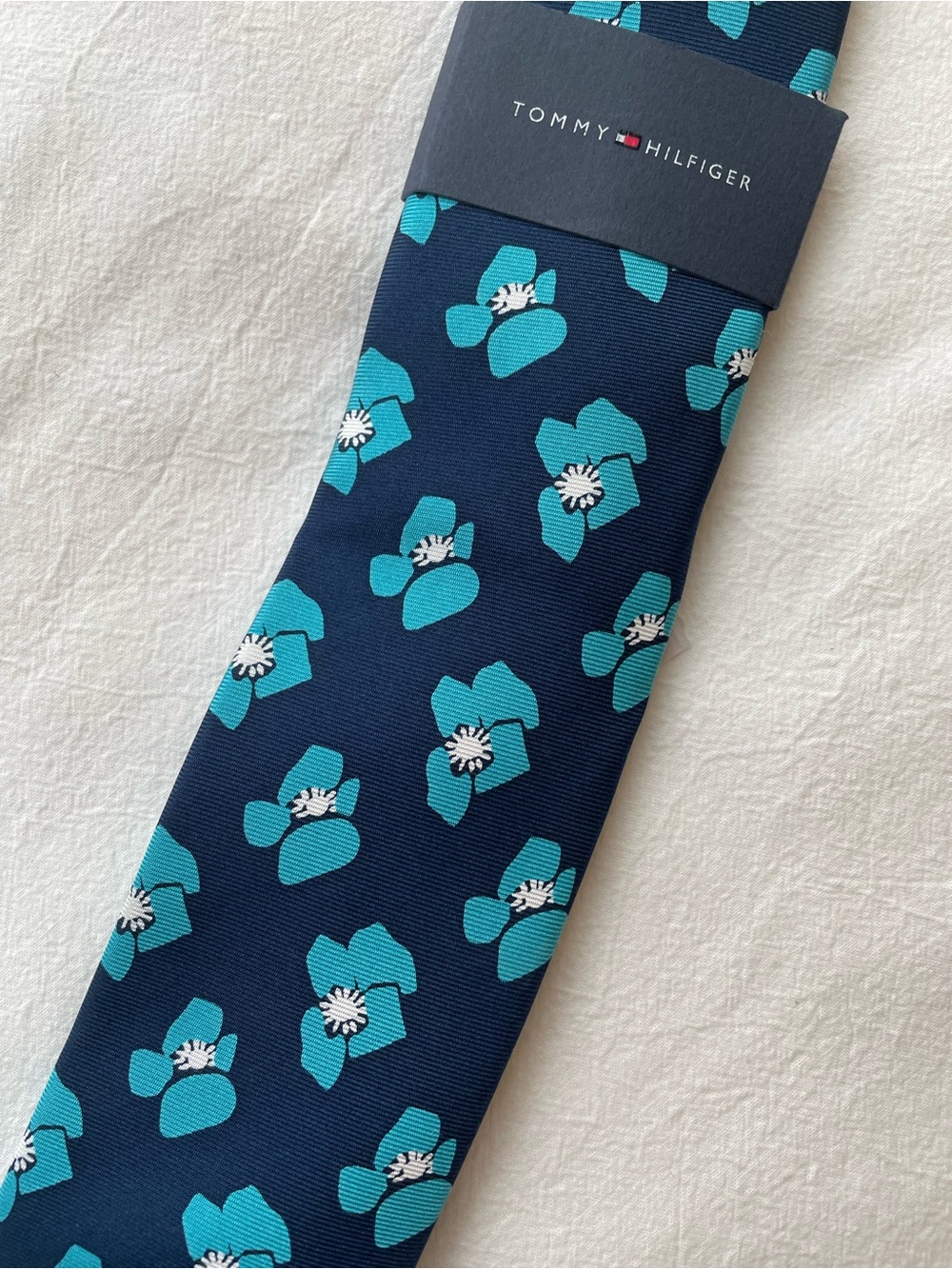 Tommy Hilfiger Navy & Teal Floral Silk Tie with White Accents